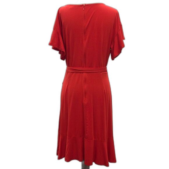 LOFT Flowy Red Midi Dress w/ Tie Belt | Size 8 - Picture 4 of 7